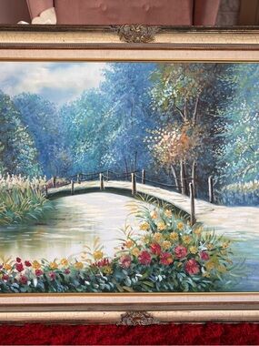 Vintage Framed Floral Bridge Landscape Oil Painting